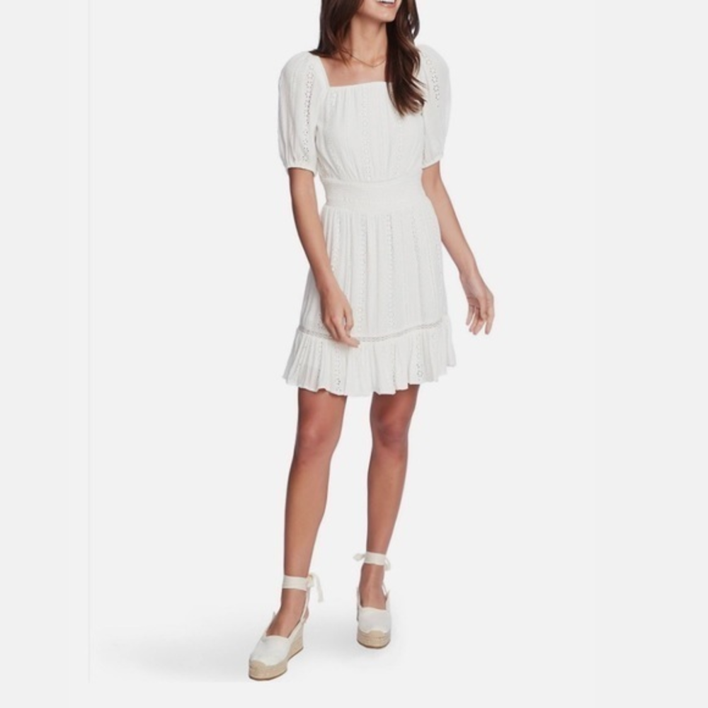 1STATE Soft Ecru Lace Crinkle Gauze Square Neck Puff Sleeve- Size XS- NWT